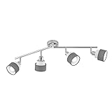 WOFI Deckenstrahler NAPLES Silber Chrom mit vier runden Lampenschirmen aus Stoff Grau/Weiß, Spots schwenkbar E14 Fassung H: 20,2 cm x B: 9 cm x L: 85