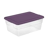 Sterilite Stapelbare transparente Aufbewahrungsbox mit Griffen und violettem Deckel für effiziente, platzsparende Aufbewahrung und Organisation im Haushalt, 2 Stück