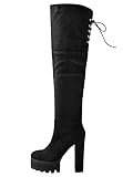 Only maker Damen Plateau Stiefel Overknee Blockabsatz High Heels mit Verstellbaren Schnüren Schwarz 40 EU
