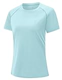 donhobo T-Shirts für Damen Sportshirt Kurzarm mit Reflexstreifen Leicht Atmungsaktiv Stretch Funktionsshirt Rundhals Tshirt Schnelltrocknend Laufshirt (Hellblau, S)