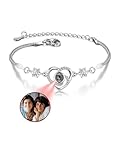 Zysta Projektion Armband Foto Personalisiert Armband mit Bild im Stein Herz Armkette 100 Sprachen Ich liebe dich Armband für Frauen Freundin (Silber - Nur Foto)