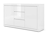 BIM Furniture Kommode Bello Bianco III 150 cm Sideboard Highboard Schrank Weiss mat/Weiss Hochglanz Zwei Regal, DREI Schubladen I