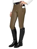FitsT4 Sports Damen Reitleggings Silikon Vollbesatz Reithose mit Handytasche und Gürtelschlaufen,Braun,Gr.S