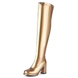 CRETUAO Luxus-Overknee-Stiefel für Damen, sexy Silber-Gold-Discount-Stiefel mit klobigem Absatz,modische runde Zehenpartie mit Reißverschluss Abendparty hoher Absatz lange Stiefel,Gold,41 EU