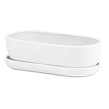 Ecoceramik Keramik Bonsaischale Blumentopf Blumenschale inkl. Untersetzer handbemalt Bonsai Kakteen L.285 mm Weiss Wasserab