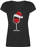 T-Shirt Damen V Ausschnitt - Weihnachten Geschenke Christmas Bekleidung - Weinglas mit Weihnachtsmütze - XXL - Schwarz - weihnachtstshirt Frauen weihnachtliche t schirts Xmas Wein Shirt - XO1525