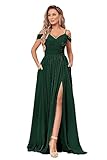 TEARMEILY Damen Schulterfreies Brautjungfernkleid mit Schlitz Chiffon Plissee Langes formelles Kleid, Smaragdrün, 46
