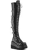 BINDT Overknee-Stretch-Stiefel aus Leder für Damen, Gothic-Punk-Stiefel mit hohem Absatz, klobige Block-Plateau-Keilabsatz-Schnürstiefel, oberschenkelhohe Biker-Stiefel,Schwarz,43