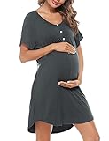Uniexcosm Stillnachthemd Damen Kurzarm Baumwolle Mutterschaft Nachthemd Umstandskleid mit Knopfleiste V Ausschnitt Umstandsnachthemd für Schwangere oder Stillende Frauen Dunkelgrau-2 M