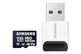 Samsung PRO Ultimate microSD-Karte + USB-Kartenleser, 128 GB, Für Smartphones, Drohne und Action-Cam , UHS-I U3, 200 MB/s Lesen, 130 MB/s Schreiben,‎ MB-MY128SB/WW