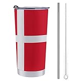 Gambo Dänemark-Flagge, Edelstahlbecher, vakuumisoliert, mit Deckel und Strohhalm, Reise-Kaffeetasse für Eisgetränke, heiße Getränke, 590
