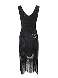 MIMIKRY 20er Jahre Charleston Pailletten Kleid Schwarz mit Fransen Flapper Damen-Kostüm, Größe:XXL