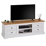 IDIMEX TV-Lowboard Kent, schöner Fernsehschrank aus Kiefer massiv in weiß/braun, praktisches HiFi-Möbel mit 4 Schubladen, attraktives Sideboard mit Zwei N