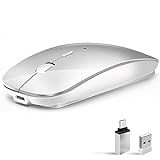 Funkmaus 2,4 GHz mit USB Empfänger für Laptop Computer-Wiederaufladbar Kabellose Maus Kompatibel mit Apple MacBook air/pro,iPad,Mac,Chromebook,PC, mit USB C Adapter (Weißsilber)