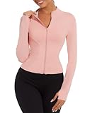 CheChury Damen Laufjacke Sportjacke Langarm T-Shirt Damen Gym Top Sport Oberteil Yoga Jacke Enge Sportoberteile Langarm Crop Top Sportshirt Leicht Fitness Shirt mit Reißverschluss Daumenloch,Rosa,M