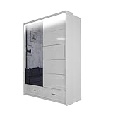 BETTSO - Schwebetürenschrank mit Spiegel und Schubladen Kleiderschrank mit Kleiderstange Einlegeboden Schlafzimmer-ESPANIA (Weiß, 150 cm)