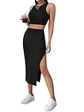 GORGLITTER Damen Crop Tank Top und Röcke 2 Piece Rock mit Schlitz und Bauchfrei Top Sets Kombi Zweiteilerset Outfit Schwarz M