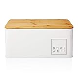 Lumaland Cuisine Brotkasten | Brotdose aus Metall mit Bambus Deckel | Brotbox rechteckig 30,5 x 23,5 x 14 cm | 2in1 Brotbehälter & Schneidebrett [Weiß]