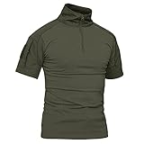 KEFITEVD T-Shirt Herren Taktisch 1/4 Reißverschluss Camouflage Shirt Ärmeltaschen mit Klett Army Uniform Flecktarn Outdoor Hemd Dunkeloliv L