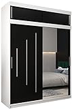 Kryspol Schwebetürenschrank York 2-180 cm mit Spiegel Kleiderschrank mit Kleiderstange und Einlegeboden Schlafzimmer- Wohnzimmerschrank Schiebetüren Modern Design (Weiß + Schwarz mit Erweiterung)