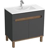 INOBA home Lava Matt/Craft Eiche Waschtischunterschrank mit Waschbecken 80 cm - Freistehender Badezimmerschrank - Soft-Closing 2 Türen - Badmöbel für Kleine Bäder - OVO Kollek