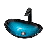 PERTID Waschbecken mit Wasserhahn, künstlerisches Waschbecken aus gehärtetem Glas, ovales Waschbecken auf der Arbeitsplatte mit Pop-Up-Ablauf und Zubehör, Braun, B (Blau B)