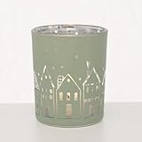 Elegante Glas-Windlichter im 2er Set Teelichthalter mit Häuser Motiv Elegante Weihnachtsdekoration für Stimmungsvolle Lichtquellen Grü
