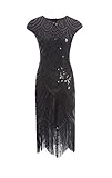 shoperama 20er Jahre Charleston Kleid Pailletten Fransen Flapper Gatsby 20's Fransenkleid Damen-Kostüm, Größe:XXL, Farbe:Schwarz/Schw