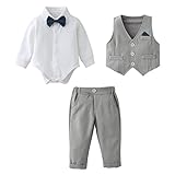 Baby Jungen Bekleidungsset Anzug, Kleinkind Gentleman Langarm Strampler Hemd + Hose + Weste + Fliege Festliche Taufe Hochzeit (Grau, 6-9 Monate)