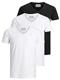 Jack and Jones Herren T-Shirt Basic V-Ausschnitt 3er Pack Einfarbig Slim Fit in Weiß Schwarz Blau G