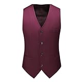 Schlanke Anzugsweste für Männer in Uni-Farbe Einreihige ärmellose Smokingweste Business Formal Kleid Weste Weste (Weinrot,XXL)