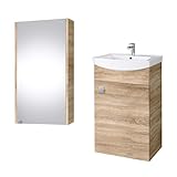 Planetmöbel Badmöbel Set aus Waschtisch + Waschbecken + Spiegelschrank, Gäste Bad WC, Farbe Sonoma E