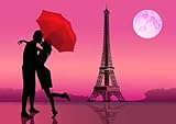 Acryl-Bild 130 x 90 cm: Paare in der Liebe, unter rotem Regenschirm, in Paris. Mit dem Eiffelturm und dem Mond auf Hintergrund. Illustration (53975796)