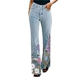 Jeans Hose Damen Baggy Elegante und Bequeme Damen-Pendlerhose mit Blumendruck und Schlitz (Purple, L)