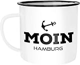 MoonWorks Emaille Tasse Becher Moin Hamburg Anker Kaffeetasse weiß-schw