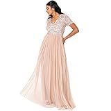 Maya Deluxe Damen Women's Maxi Ladies V-neck Plus Size Ball Gown Short Sleeves Long Elegant Empire Wa Bridesmaid Dress, Taupe Blush, 48 EU