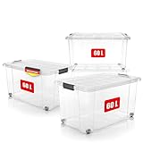 BigDean 4 Stück 60 L Aufbewahrungsbox mit Deckel groß transparent - stapelbare robuste Box - BPA-frei & lebensmittelecht - rollbare Stapelbox mit festen Klickverschlüssen - Made in Germany