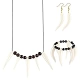 BBTO 3 Stück Karneval Halskette Ohrring Armband Zahn Schmuckset für Indianer Prähistorisch Höhlenmensch Verkleidung Fasching Halloween Cosplay Kostüme für F