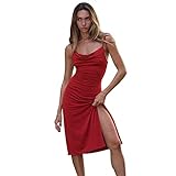 BKEPDY Sexy Kleid Damen Rückenfrei Midikleid Spaghettiträger Partykleid Bodycon Kleider mit Schlitz Elegant Casual Dress Sommer Maxikleid (Rot S)