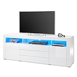 Stella Trading TV-Lowboard in Weiß, Weiß Hochglanz mit blauer LED-Beleuchtung - TV Schrank mit viel Stauraum für Ihr Wohnzimmer - 200 x 74 x 44 cm (B/H/T)