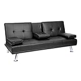 Mendler 3er-Sofa HWC-F60, Couch Schlafsofa Gästebett, Tassenhalter verstellbar 97x166cm - Kunstleder, schw