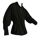 Mittelalterliches Vintage Herrenhemd V-Ausschnitt Bandage Steampunk Hemden Langarm Chic Tops mit Gürtel Elegant und Chic Viktorianisch Cosplay Kleidung, Schwarz , XL