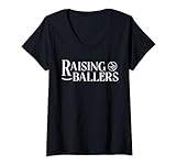 Damen Raising Ballers Png Retro Mom Pod Funny Graphic Tees T-Shirt mit V