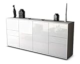 Stil.Zeit Sideboard Gemma - Korpus Weiss matt - Front Hochglanz Weiß (180x79x35cm) Push-to-Open Technik & L