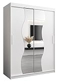 MEBLE KRYSPOL Schwebetürenschrank Madryt 150 cm mit Spiegel Kleiderschrank mit Kleiderstange und Einlegeboden Schlafzimmer- Wohnzimmerschrank Schiebetüren Modern Design (Weiß)