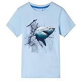 Kinder T-Shirt mit Hai-Aufdruck Rundhalsausschnitt Kurzarmshirt Hellblau 116