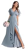 Stylefun Damen V-Ausschnitt Brautjungfernkleider mit Schlitz Plissee Hohe Taille Lang Formal Kleid mit Taschen CYM131, dusty blue, 48 M