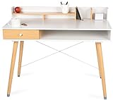 WONDERMAKE® Design Schreibtisch aus Holz mit Schublade, Sekretär Computertisch Kleiner Raum modern Bürotisch PC Tisch Arbeitstisch, Eiche hell weiß