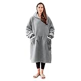 Aisbo Sherpa Hoodie Decke mit Ärmeln - Übergroße Tragbare Kuscheldecke mit Kapuze Blanket zum Anziehen Damen Erwachsene, Hellgrau Warme Dicke Ärmeldecke 130x82cm Herren als Geschenk