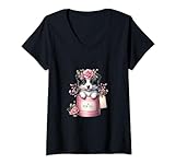 Damen Border Collie Puppy Blumen-Eimer-Hund, rosa T-Shirt mit V